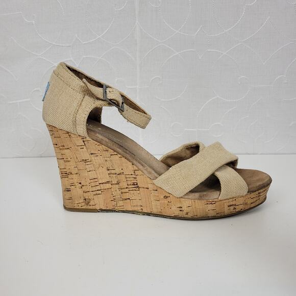 TOMS Sienna Womens Sandals Size 9 Cream Canvas Crisscross Open Toe Cork Wedge - Picture 1 of 11